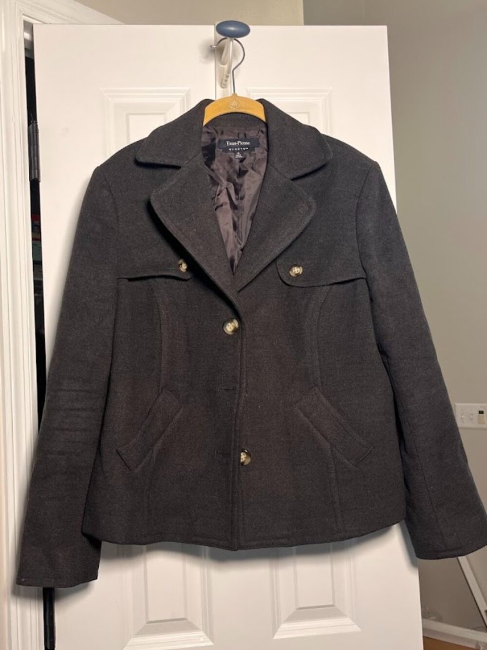 Evan-Picone Charcoal Gray Stretch Pea Coat Jacket Size 14 Button Front Overcoat